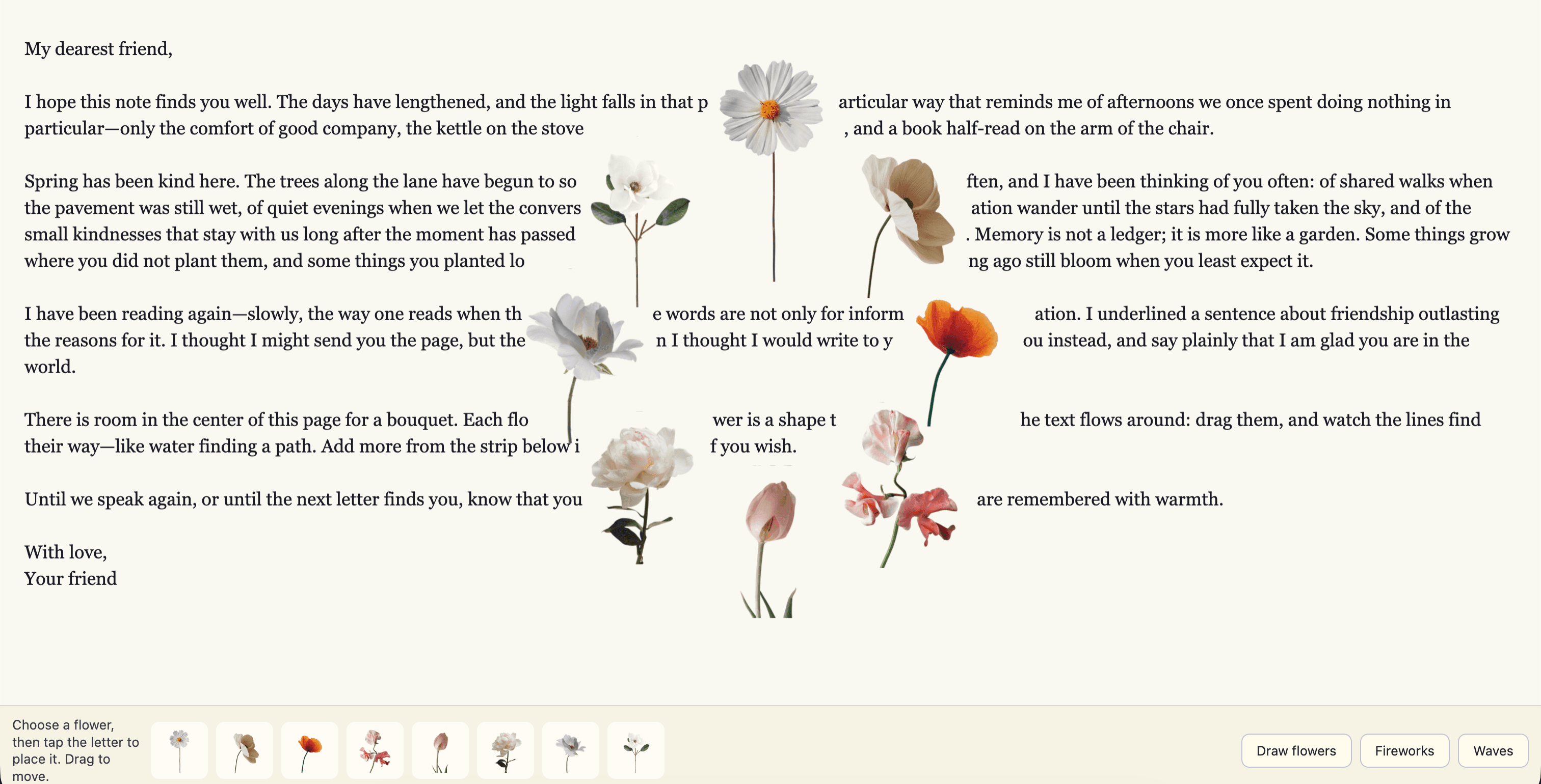 Pretext experiment — interactive letter with flower text wrapping